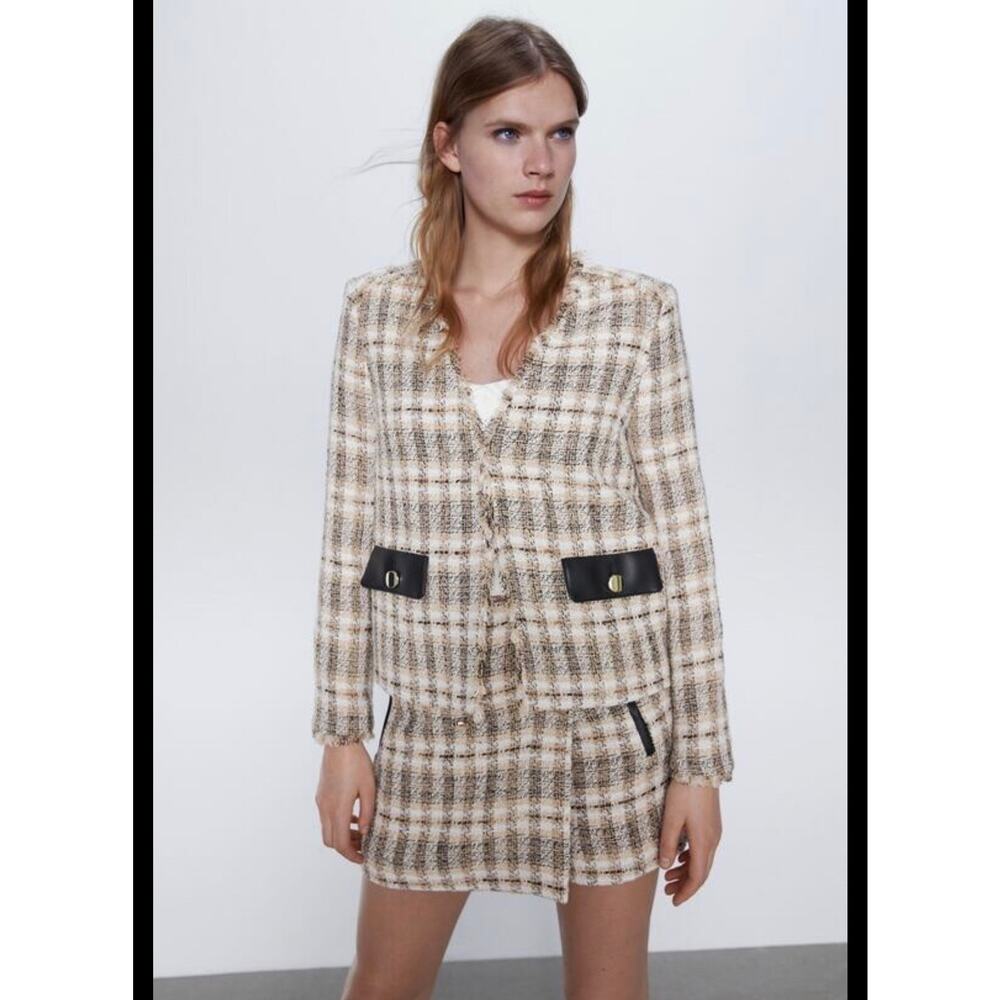 Zara Tweed Plaid Blazer + Skort Set NWOT Size S Beige Black Pockets - Picture 3 of 10